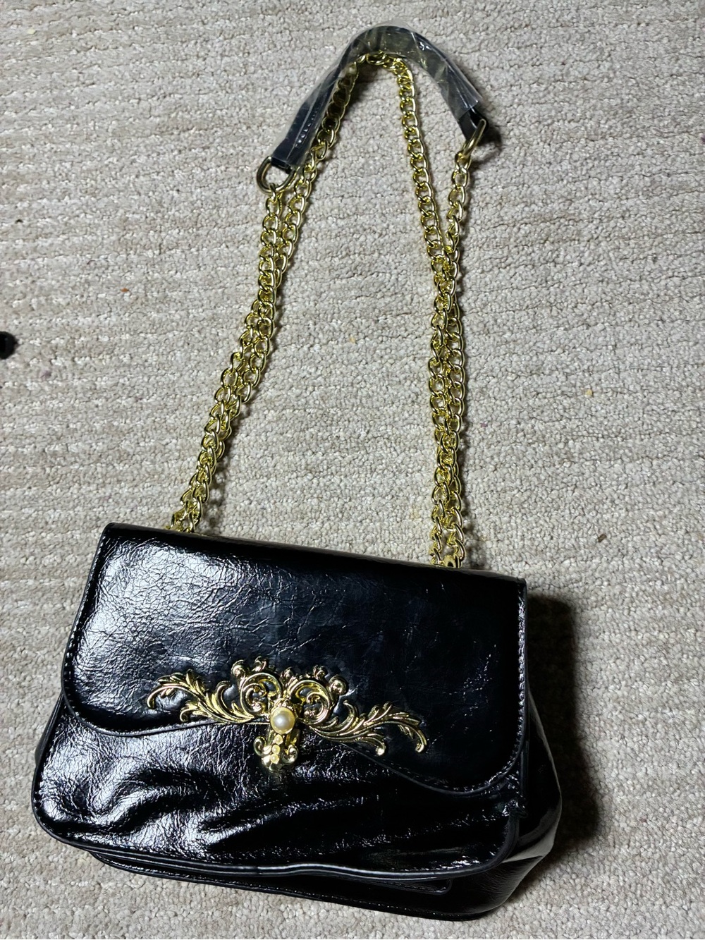 Black Patent Shoulder Bag with Gold Filigree and Chain Strap